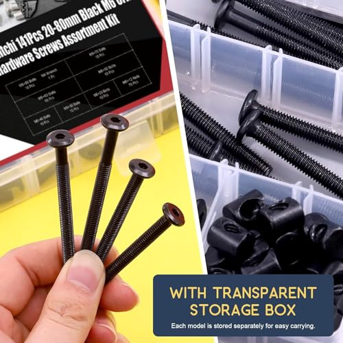 JOEJNCED 141Pcs Crib Hardware Screws, M6 Black Socket Cap Screws Bolts Bucket Nuts Hardware Assortment Set For Furniture Crib Bolts Nuts Screws Chairs Table Cabinets