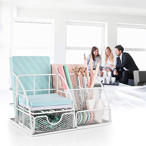Benting Desk Organizer Office Accessories, Multi-Functional Mesh Desk Organizer with 5 Compartments and 1 Drawer for Home, Office, School, Workshop, kitchen (White)