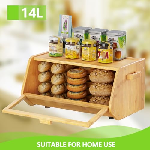 AMBIRD Bamboo Bread Bin - Keep Bread Fresh for Kitchen Counter, Large Capacity Wooden Bread Storage Container, Farmhouse Style Bread Box with Window Bread Holder