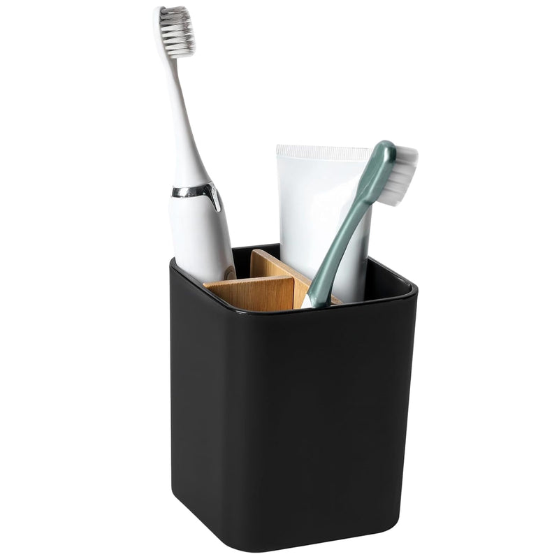 Heagoale Bamboo Toothbrush Holder for Bathrooms, 3 Slots Toothbrush and Toothpaste Holder Bathroom Counter Organizer for Electric Toothbrushes, Floss, Razors - Black