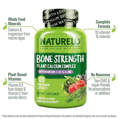 NATURELO Bone Strength - Calcium Magnesium Supplement for Bone Health - Plant-Based, Whole Food Formula with Potassium, Vitamins C, K2, D3 - Non-GMO, Soy-Free, Gluten-Free - 120 Vegan Friendly Capsule