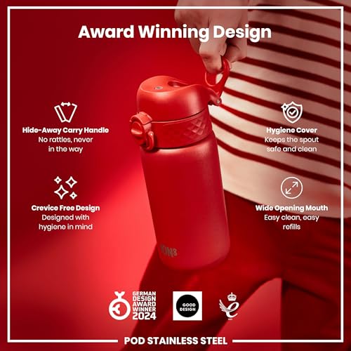 Ion8 Kids Water Bottle, Steel 400 ml/13 oz, Leak Proof, Easy to Open, Secure Lock, Dishwasher Safe, Flip Cover, Carry Handle, Easy Clean, Durable, Metal Water Bottle, Carbon Neutral, Red