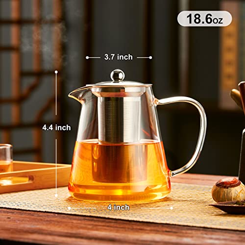 PARACITY Glass Teapot Stovetop 18.6 OZ with, Borosilicate Clear Tea Kettle with Removable 18/8 Stainless Steel Infuser, Teapot Blooming and Loose Leaf Tea Maker Tea Brewer for Camping, Travel