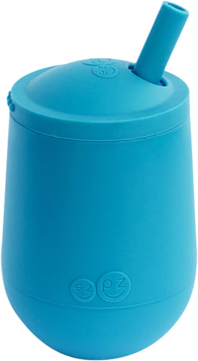 ezpz Mini Cup + Straw Training System - 9 Months+ (Blue) - 100% Silicone Training Cup for Infants + Toddlers - Designed by a Pediatric Feeding Specialist