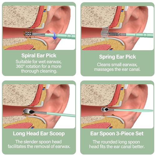 15 Pack Ear Wax Removal Tool Kit with Light - LED Ear Cleaning Kit, Ear Wax Removal for Kids and Adults, Ear Cleaning Tool, Ear Picker Spoon & Ear Tweezers & Spiral Spring Ear Spoon (Green)