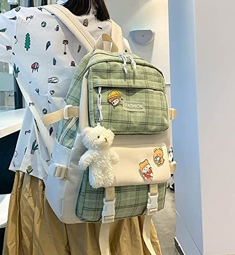 WVHTHVW 5Pcs Backpack School Book Bag Set,Canvas School Backpack Combo Set,Kawaii Bags Kawaii Bookbag Accessories Backpack Cute Aesthetic Backpack for School, Kawaii Girls Schoolbag-Black (Green)