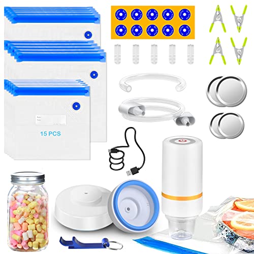 RECAT 46 PCS Electric Vacuum Sealer, Sous Vide Bags, Handheld Mason Jar Vacuum Sealer & 15 PCS Reusable Vacuum Food Storage Bags for Anova, Joule Cookers, 4 Cooking Clips, 5 Sealing Clips