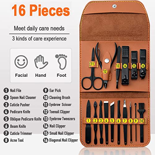SYOSI Nail Clippers Set , Manicure Set with PU Leather Case, Pedicure Kit, Nail Clippers Scissors, Personal Care Tool, 16-in-1 Grooming Kit Gifts for Men Women