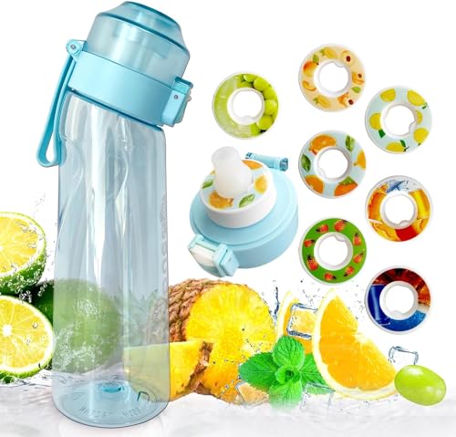 Pretocter Sports Air Water Bottle Set with 7 Flavor Pods Fruits Fragrance Water Cup Kids Water Bottle with Straw Drinking Bottle Travel Ice Bottle Outdoor Clear Water Bottle for Women Men 650ML-Blue