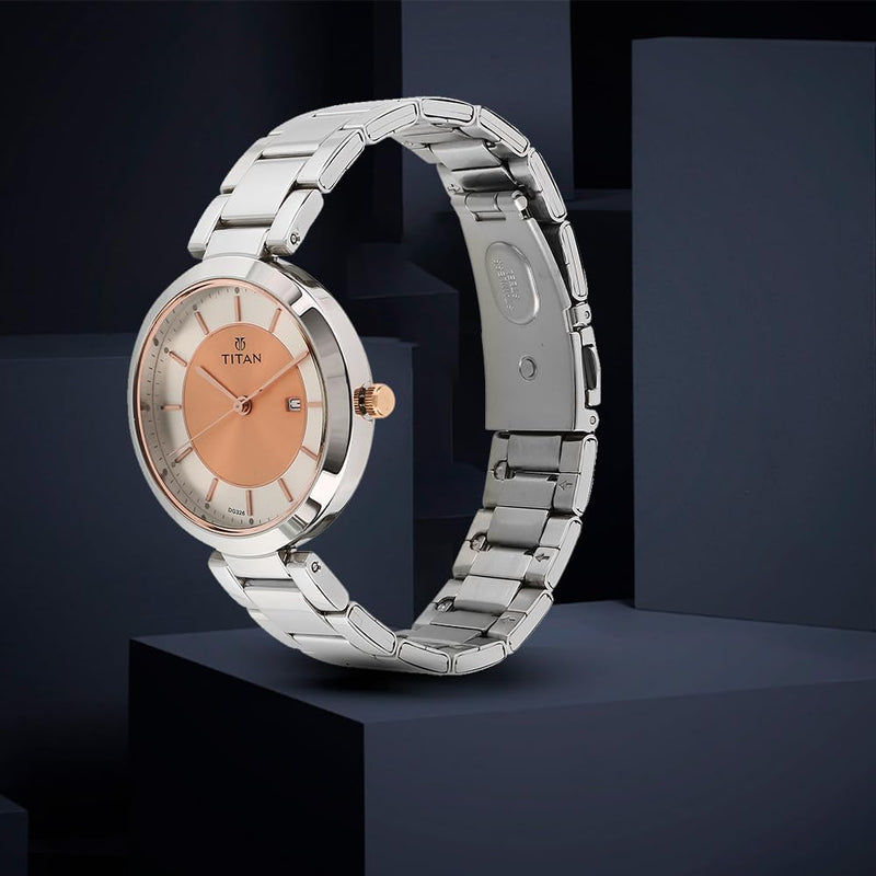 Neo Rosegold Dial, Silver Metal Strap Analog Round Watch for Women's