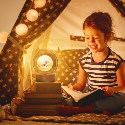 Wisfunlly 3D Crystal Ball Night Light, Moon LED Light with Wooden Base,USB 3D Moon Planets Solar System Universe Lamp for Home Decor Ornaments Birthday Gifts Moon Model(Moon)