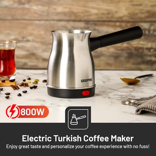 Geepas Electric Turkish Coffee Maker, Stainless Steel, GK38050 | 0.8L Capacity | 360-Degree Rotation | Non-Automatic Cut Off | Coffee Kettle for Home Office | Food Grade and Safe to Drink