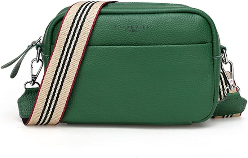Crossbody Bag for Women Genuine Leather Wide Strap Shoulder Bag Purse Trendy Design Camera Crossbody Purse Top Zip - green