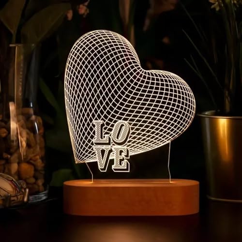 AMERTEER 3D Night Light - Romantic Heart Shape Illusion Lamp, USB Powered Acrylic LED Visual Love Gift with Wooden Base, Perfect for Valentine's Day, Wedding Anniversary & Bedroom DÃ©cor
