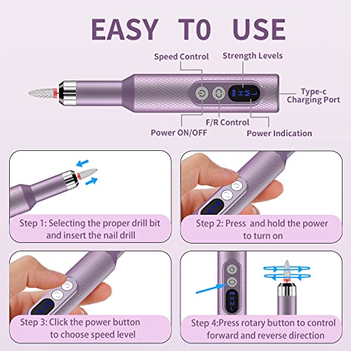 Ftrule Cordless Electric Nail Drill, Portable Professional Rechargeable Efile Nail File Machine with Nail Drill Bits, Sanding Bands for Acrylic Gel Nails, Manicure Pedicure Polishing, Purple