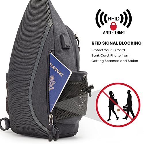 G4Free Canvas Crossbody Sling Bag Hiking Daypack Chest Backpack with USB Charging Port and RFID Blocking for Women Men