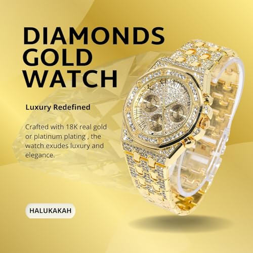 Halukakah Diamonds Watch Iced Out for Boy Teens Kids - 18K Real Gold/Platinum Plated,40mm Roman Numerals Octagonal Dial,Japanese Quartz - 20cm Length -Optional with Cuban Link Chain,with Adjuster Tool