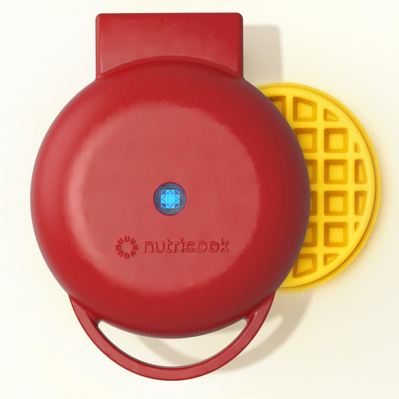 Mini Waffle Maker 10cm Healthy Ceramic Coating for Belgian Waffles, Quick Heat-Up, Compact Waffle Maker for Home, Kids, and Travel Easy to Clean, Biege, 2 yrs warranty, NC-WM100B - Red