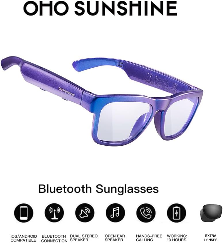 OhO sunshine OhO Bluetooth Sunglasses,Voice Control and Open Ear Style Smart Glasses Listen Music and Calls with Volume UP and Down,Bluetooth 5.0 Audio Glasses and IP44 Waterproof, unisex-adult