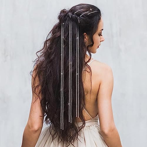 Goodern 4 PCS Women Hair Chains Tassel Hair Clips,Shiny Rhinestone Hair Extension Chains Fashion Long Tassel Hair Clip Chain Delicate Ponytail Extension Chain Decor Girls Punk Hair Accessories-Silver