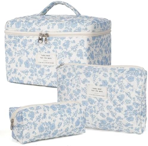 xiaochen 3PCS Makeup Bag Set,Cotton Quilted Makeup Bag,Floral Large Travel Cosmetic Bag,Flower Travel Toiletry Bag, Cute Aesthetic Toiletry Bag for Women Girls