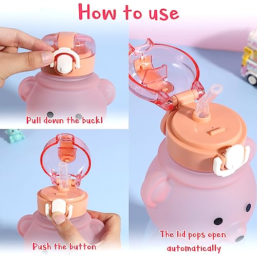 Fuyamp Kawaii Bear Water Bottle With Straw and Strap,800ml Cute Gradient Colorful Water Bottles Portable Leakproof BPA-free Drinking Cups for Kids Girls Women Sports Camping Picnic Hiking Travel