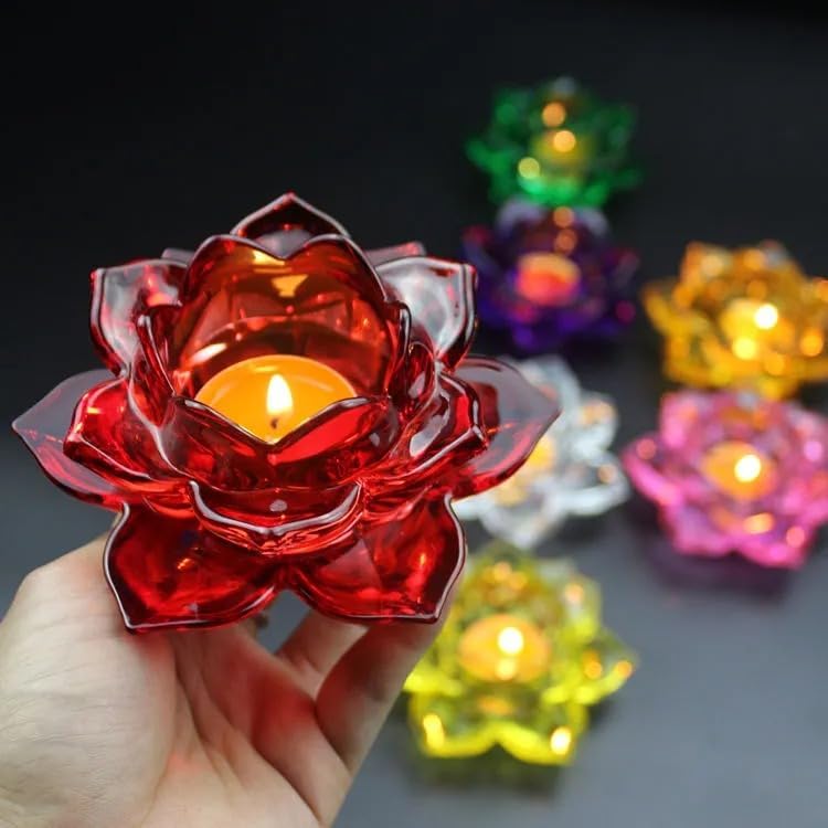 BUY4LESS - Glass Tea Light Candle Holder Lotus Flower pack of 1 (Red)