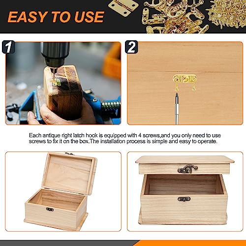 Rustark 20 Sets Gold Antique Small Box Hinges Right Latch Hook Hasp Horn Lock Jewelry Box Hardware Antique Brass Latch Hook Clasp Mini Hinges for DIY Crafts Jewelry Wooden Box