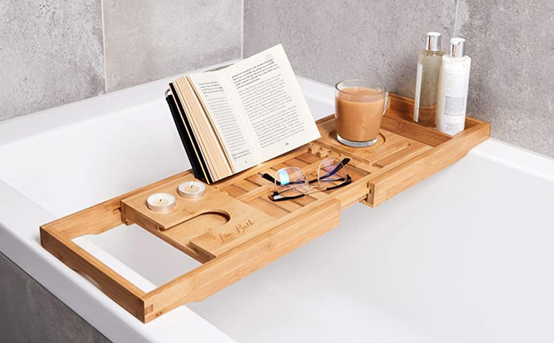 SKY-TOUCH Bathtub Tray Bamboo Bathtub Stand Holder Adjustable Bath Tray With Extendable Luxury Book Rest, Device Tablet, Kindle, Ipad, Smart Phone Tray For A Home Spa Experience, Yellow