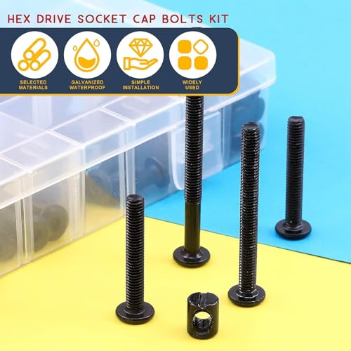 JOEJNCED 141Pcs Crib Hardware Screws, M6 Black Socket Cap Screws Bolts Bucket Nuts Hardware Assortment Set For Furniture Crib Bolts Nuts Screws Chairs Table Cabinets