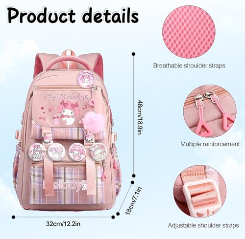 Kawaii Backpack with 1 Pen Pouch, 5 Badges, 2 DIY Pins, 1 Furball - Large Capacity Cute Children's Backpack for School & Travel - Anime Kids Backpack Nylon for Primary Junior School