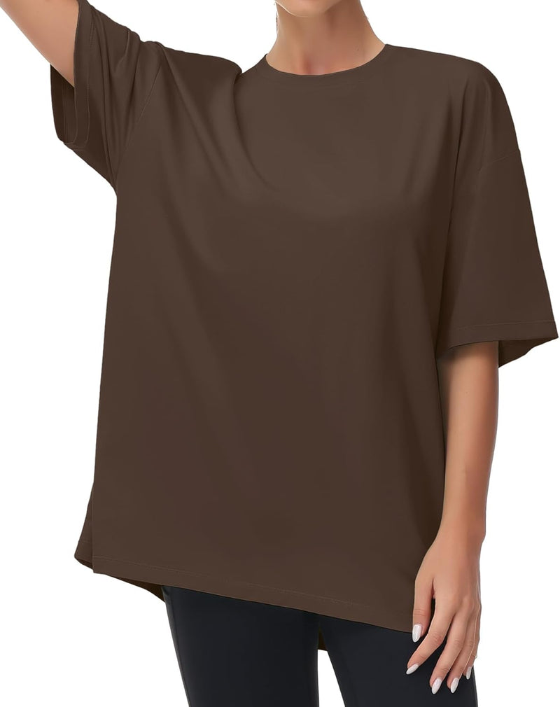 Women's Casual Oversized T-Shirts Summer Crewneck Short Sleeve Workout Basic Tee Tops - Brown