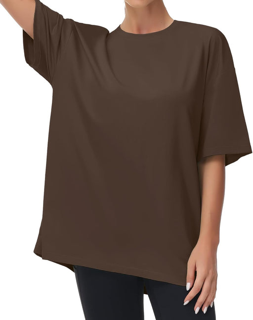 Women's Casual Oversized T-Shirts Summer Crewneck Short Sleeve Workout Basic Tee Tops - Brown