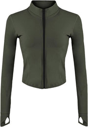 Women's Athletic Full Zip Lightweight Workout Jacket with Thumb Holes - Army Green