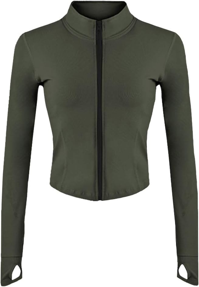 Women's Athletic Full Zip Lightweight Workout Jacket with Thumb Holes - Army Green