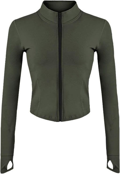 Women's Athletic Full Zip Lightweight Workout Jacket with Thumb Holes - Army Green