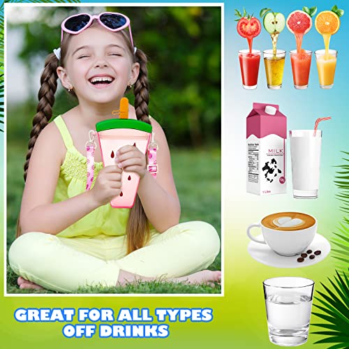 3 Pieces Cute Water Bottles with Straws Creative Kawaii Camera Shaped Ice Cream Bar Watermelon Adjustable Strap Plastic Water Bottle for Travel School Sport Kids (Fresh Style, Red, Pink, Blue)