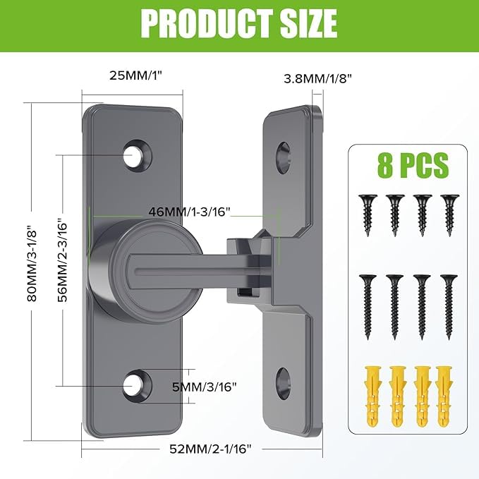 Tazweeq Hardware Door Latch, 90 Degree Heavy Duty Door Latch, Flip Safety Door Latch, Barn Sliding Door Latch for Garden, Bathroom, Outdoor, Garage, Window (Grey)