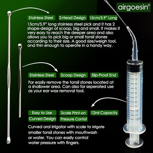 Airgoesin™ 2 Lighted Earwax Removal or Tonsil Stone Remover Tool, 6 Tips, Tonsillolith Pick Case + Irrigator Clean