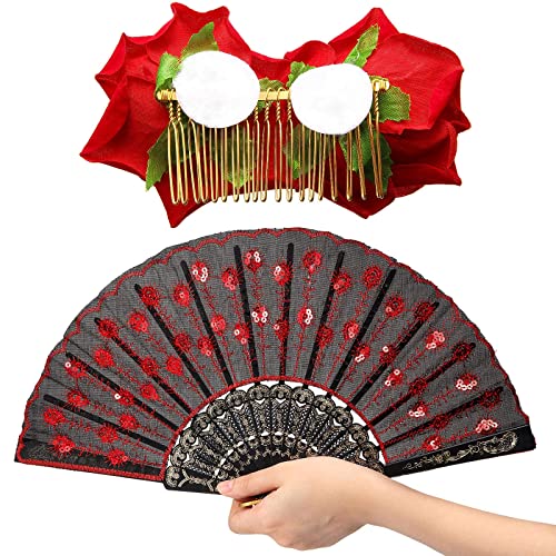 TERRIFI 2 Pieces Women Rose Flower Hair Clip and Embroidered Sequins Fabric Handheld Folding Fan Hair Accessories for Flamenco Dancer Costume Accessories Girl Cosplay Party