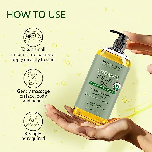 Majestic Pure Organic Jojoba Oil - Large 236 ML | 100% Pure and Natural, Cold-Pressed | Moisturizing for Skin Care, Massage, Hair Care, and to Dilute Essential Oils