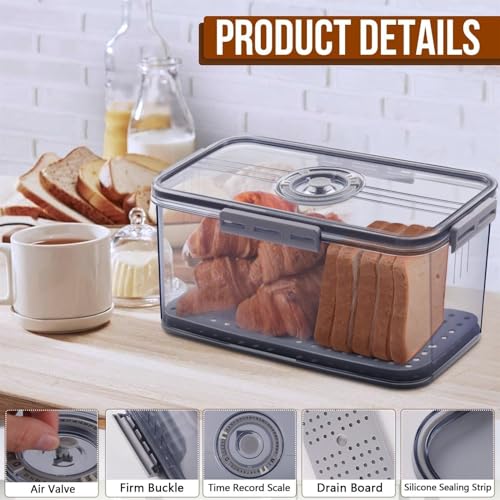 THE WHITE SHOP Bread Box Bread Boxes for Kitchen Counter Airtight, Time Recording Bread Storage Container with Lid, Bread Keeper for Homemade Bread, Toast, Bagel, Donut and Cookies (Color : GRAY)