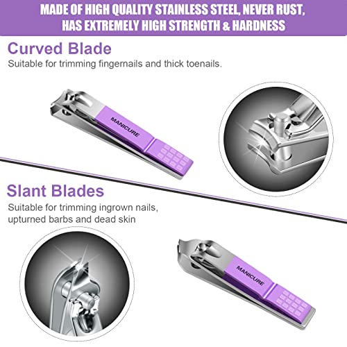 16 Stainless Steel Nail Care Tools, Manicure Set, Professional Nail Clipper Pedicure Set, Beauty Set with Luxury Travel Holster, Suitable for Men and Women with Thick Nails, Purple