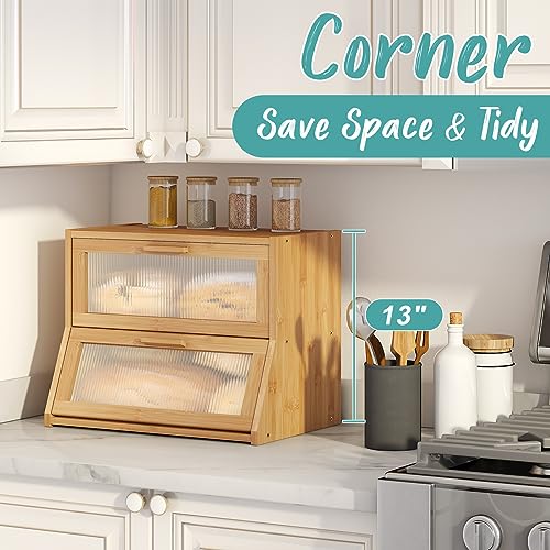 Vriccc Black Large Bread Box for Kitchen Counter, Bamboo Wooden Double Layer Large Capacity Bread Storage Bin with Acrylic Wavy Door Panel (Natural)