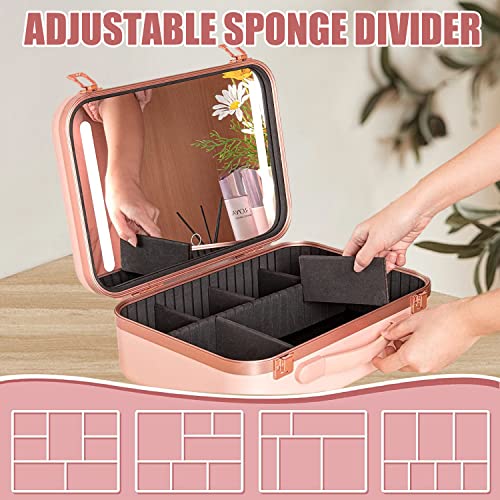 Angju Makeup Travel Lighted Case with Large LED Light Mirror Cosmetic Bag Organizer Professional Adjustable Divider Storage, Waterproof Portable Make up Train Box Accessories And Tools Case