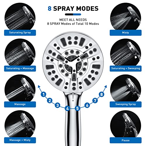 Gcirik High Pressure Shower Head with Handheld, 8 Spray Settings + 2 Power Jet Modes Shower Heads, 5.04" Detachable Showerhead Set with Stainless Steel Hose and Adjustable Bracket