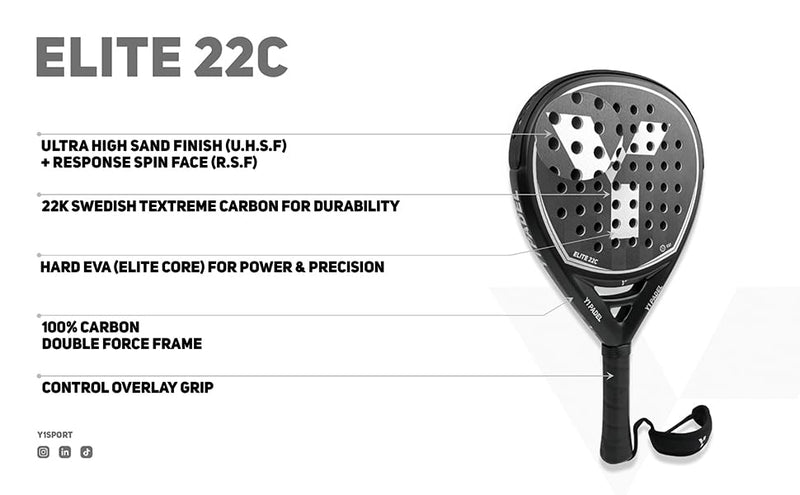 Y1 Padel, Elite 18C, Padel Racket, 18k Carbon Fibre Face, Carbon Frame, Elite Core Foam, Sandpaper Finish, Diamond Shape, Padel Racquet, Textreme Carbon, Top Range