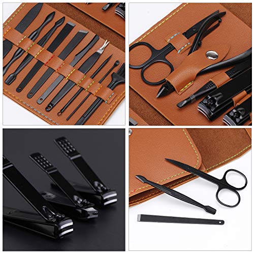 WOWSTAR Manicure Pedicure Set 16 in 1 Stainless Steel Professional Nail Clippers Scissors Grooming Kit Nail Care Tools with Luxurious Case (Brown)