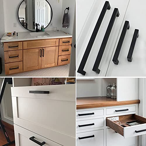 Redunest Cabinet Pulls Matte Black Cabinet Handles Square Drawer Pulls, 10 Pack 5 Inch Stainless Steel Kitchen Door Cupboard Cabinet Handles, Drawer Hardware Handles, 128mm Hole Centers