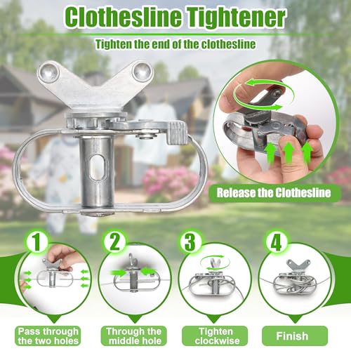 Anglekai Outdoor Clothesline Kit, Clothesline Pulley Kit Include 150FT Clothes Line/ 2 Pulley/ 2 Separator Spreader/Tightener/ 4 Hooks for Outdoor Clothes